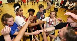 Student-athletes participate in a team building activity at the 2018 Leadership Conference.