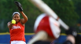 A Chopticon batter awaits the pitch from the Blair pitcher in the 2016 State Softball Semifinals.