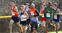 Male cross country runners from Class 4A schools pack together as they approach an early turn at the 2015 State Championships.