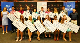 Group photo of 13 of the 14 Minds in Motion Scholarship winners along with reps from Allstate.