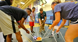 Student-athletes participate in a team building exercise during the 2017 Leadership Conference.