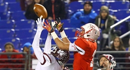 A Havre de Grace receiver and Fort Hill defender go up simultaneously on a pass during the 2015 Class 1A State Finals.