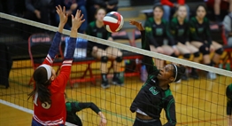 A Damascus player tries to spike the ball against a Northern-Calvert blocker in the 2017 State Semifinals.