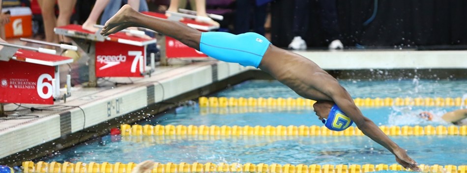 A male swimmer dives into the pool during a relay race at the 2019 Class 4A/3A State Meet.